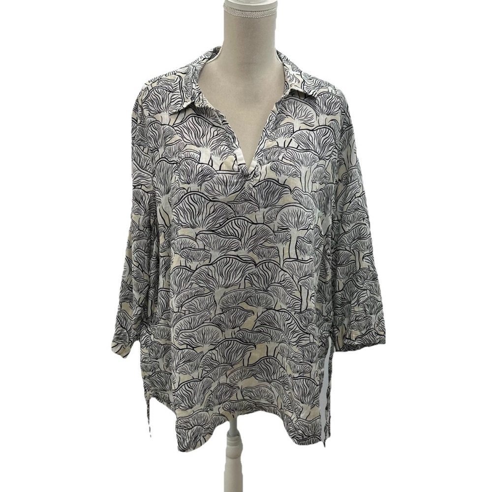 Rachel Zoe Linen Top Womens 2X Dolman Sleeve She’ll Print V Neck Tie Blouse